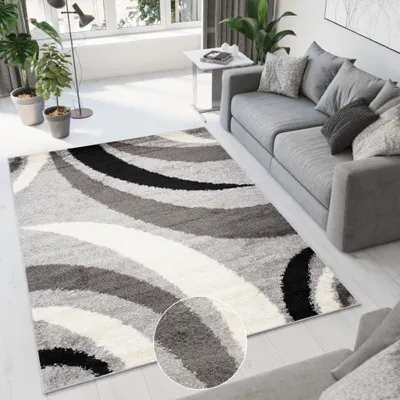 Image de Tapis salon chambre shaggy velours long noir gris  80 x 150 cm