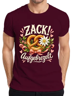 Produktbild von Zack! Aufgebrezelt  Wiesn Brezel Lederhose Dirndl Herren T-Shirt, Burgundy, 3XL