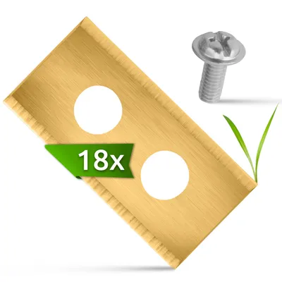 A set of 18 robot lawn mower blades and screws on a white background with a blade of grass.
