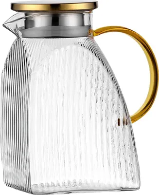 Produktbild von 1,8L Glaswasserkrug mit Deckel – Borosilikatglas Karaffe mit Edelstahlverschluss – für heiße & kalte Getränke, Kühlschrank geeigne