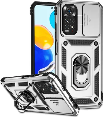 Produktbild von Redmi Note 11 Hülle mit Schiebe Kamera Schutz und Ringhalter Ständer Robust Rüstung Schutzhülle für Xiaomi Redmi Note 11 / Note 11S Silber