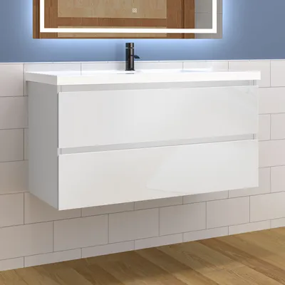Produktbild von Waschtisch mit Unterschrank 100cm Alast Badmöbel Set Hochglanz Weiß Keramik Waschbecken mit Unterschrank MDF Softclose