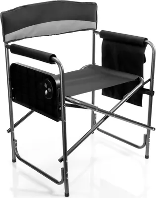 Imagen del producto de Silla de camping, resistente hasta 150 kg, con mesita abatible. Silla plegable con portavasos y compartimento lateral. Silla de pesca de alta calidad, color gris