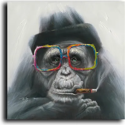 Produktbild von TPFLiving Kunstdruck LW-859 (OHNE RAHMEN) Poster - Leinwand - Wandbild - Hochauflösender Giclée-Druck, langlebig und hochwertig - Affe mit bunter Brille und Zigarre - Größe: 60x60cm