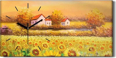 Produktbild von Wanduhr Bürouhr Leinwand Bild 60x30 Malerei Wiese Sonnen Blumen Bäume Landschaft - schwarze Hände
