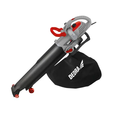 A leaf blower with a collection bag attached, shown against a white background.