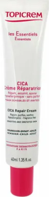 A white tube of Topicrem CICA Repair Cream with a red cap, against a white background.