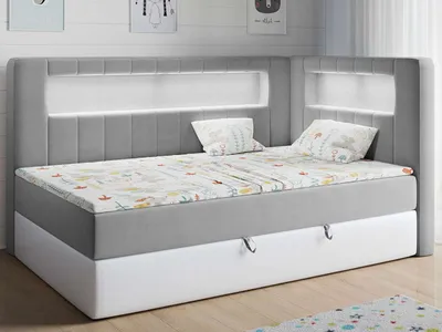 Produktbild von Polsterbett 90x200, Kinderbett mit LED, Matratze und Topper - JUNIOR-GOLD-3 - Grau/Weiß - Rechte Seite