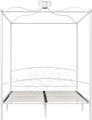 A white metal canopy bed frame shown from the front.