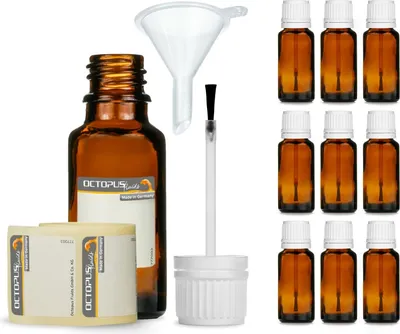 Immagine prodotto di 10 flaconi con pennello da 20 ml, flacone in vetro ambrato con pennello, tappo con pennello e mini imbuto