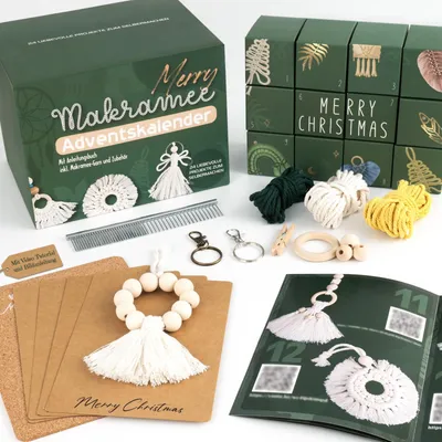Obrázok produktu pre Vianočný kalendár v technike macramé – Materiály a nástroje pre 24 dekoratívnych projektov s uzlami – Vianočná sada darčekov v technike macramé