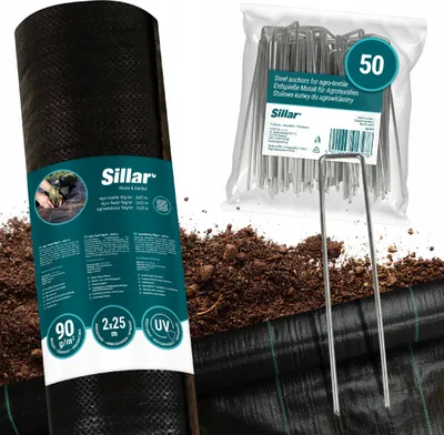 Produktbild von Sillar Unkrautvlies Set 2x25 m 90 g/m² Schwarz UV-stabilisiert + 50x Stahlanker 15 cm Gartenvlies Mulchvlies