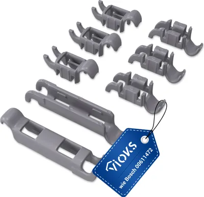 A collection of gray plastic clips for a dishwasher basket, with a blue tag attached to one of the clips.