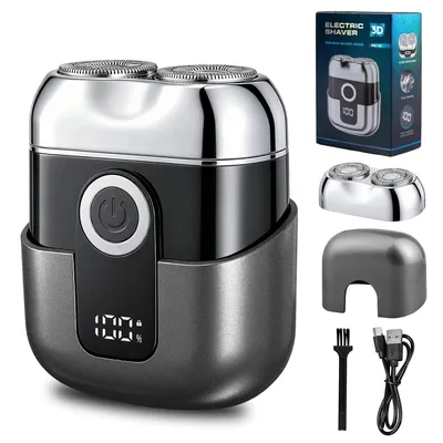 Produktbild von MINI Tragbar Rasierer Herren,Vollständig Waschbar IPX6,Nass-Trocken,Doppelkopf Elektrorasierer,Barttrimmer Taschen-Rotierender Elektrorasierer,Silber