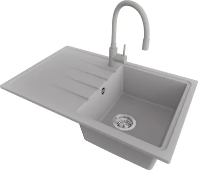 Produktbild von PRIMAGRAN Granitspüle Grau 78x50cm, Spülbecken 1 Becken + Küchenarmatur 38x14cm + Ablauf-Set, Küchenspüle ab 45er Unterschrank - Mailand
