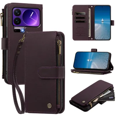 Produktbild von Handyhülle für Xiaomi 17 Pro, Leder Klapphülle mit Kartenfächern, Reißverschlussfach und Handschlaufe Lila