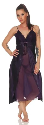 Produktbild von Damen langes Negligé Nachtwäsche Nachtkleid Dessous Satin; Aubergine S