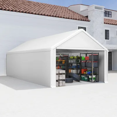 Produktbild von LZQ Lagerzelt Geräteschuppen Carport Weidezelt Großes Outdoor-Zelt mit UV-beständigem Dach & Seitenwänden, Winterfest 4x8 m Weiß
