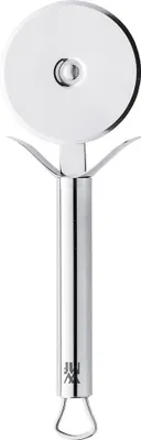 A studio shot of a stainless steel pizza cutter against a white background.