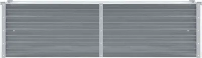 A long, rectangular, gray raised garden bed made of galvanized steel, divided into two sections by a vertical metal strip. The surface has horizontal lines.