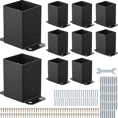 Obrázok produktu pre Podpera stĺpika na priskrutkovanie - Sada 10 podstavcov stĺpika - Vnútorné rozmery 91,44 x 91,44 mm - Uhlíková oceľ - Na drevené stĺpiky, terasy a altánky - So základnou doskou - Čierna