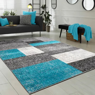 Image de Tapis de salon moderne à poils courts, motif à carreaux, aspect vieilli, turquoise, gris, blanc, dimensions 60 x 100 cm