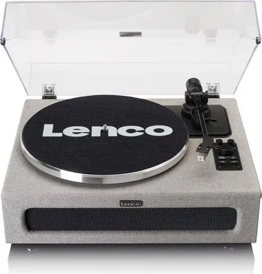 A Lenco LS-440GY turntable with built-in speakers, shown from a front-facing, slightly elevated angle.