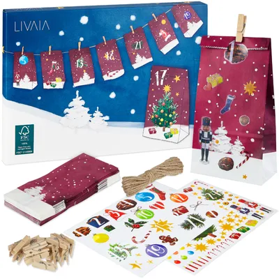 Produktbild von Adventskalender zum Befüllen: Adventskalender 2023 zum Selbstbefüllen mit 24 Deko-Tütchen und Zahlenaufklebern - DIY Adventskalender zum Basteln - Adventskalender zum Selberbefüllen LIVAIA
