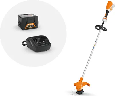 A cordless string trimmer with its battery and charger are displayed against a white background.