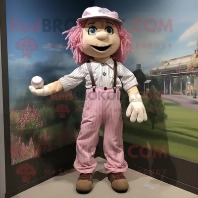Produktbild von Rosa REDBROKOLY Vogelscheuche Maskottchen kostümfigur bekleidet mit einem Baseball-T-Shirt und Fliegen