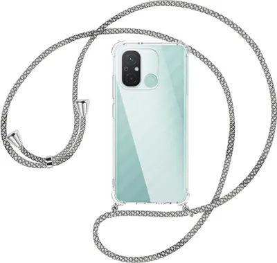 Produktbild von Handykette Backcover-Schutzhülle mit Band (Metall silberfarben) für Xiaomi Redmi 12C (6.71'') - weiß/grau kariert