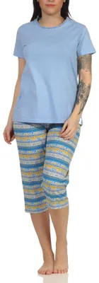 Produktbild von Damen kurzarm Schlafanzug Pyjama mit Capri Hose im Ethnolook - 66627 ; hellblau , 36