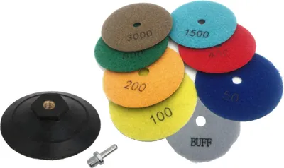 Produktbild von Trade-Shop 10in1 SET: Ø100mm Diamant Polierscheibe (8 Stück) + Stützteller mit M14 Adapter für Naturstein, Beton, Granit, Keramik, Fliesen, Marmor