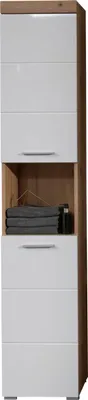 A tall, narrow cabinet with white doors and a wooden frame.