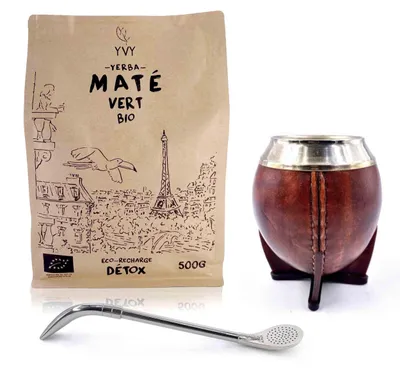 Produktbild von YVY MATÉ – Mate-Set Torpedo Alpaka – Kalebasse + Alpaka-Bombilla + Yerba Mate Grün 500 g – Premium-Geschenkset