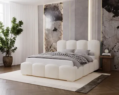 Image de Lit rembourré BESILIO 120x200 Fluffy – Lit « nuage » en bouclé, avec coffre de rangement et sommier à lattes, rembourrage épais – Couleur crème