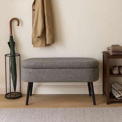 Obrázok produktu pre Hanah Home, kvalitný taburet (100% ľan, 100% melamín) – sivý, 90 cm