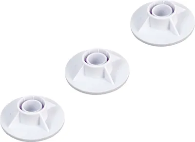 Three white plastic pool stand feet are arranged diagonally on a white background.
