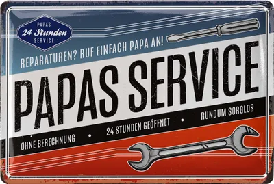 Produktbild von Blechschild PAPAS SERVICE, Schild Werkstatt Papa, Geburtstagsgeschenk oder Vatertagsgeschenk Schild für Vater, lustige retro Deko mit Spruch