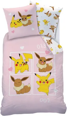 Produktbild von Unyqoos® Pokémon-Bettbezug Evoli & Pikachu, 140 x 200 cm + 63 x 63 cm, 100% Baumwolle, rosa, Wendebettwäsche für Einzelbett