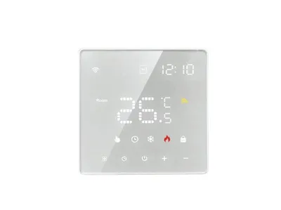 A white digital thermostat with a clear display showing the time, temperature, and various icons.