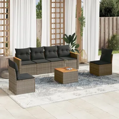 Produktbild von Design 7-tlg. Garten-Sofagarnitur mit Kissen Grau Poly Rattan, Gartenmöbel-Sets 2024 Neu
