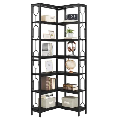 Produktbild von Tribesigns Eck-Bücherregal, 7-stöckiges Industrielles Eckregal, Holz und Metall Ecke Etagere Bücherregal, Freistehendes Lagerregal (Schwarz)
