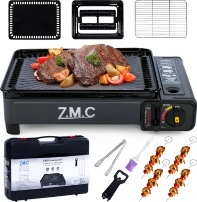 Produktbild von ZMC 2-in-1 Gaskocher + Gasgrill 2,2KW, inkl. Zubehör, Campingkocher mit Grillplatte + Grillrost, Tragekoffer, 3,8kg, Piezo-Zündung ohne Gaskartusche