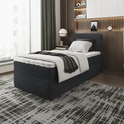Produktbild von Bett, Boxspringbett, Continentalbett ZENO MINI mit Bonell Matratze, T25 Topper, Einzelbett mit Container, H3 80x200 cm, (Schwarz - Tilia 100)