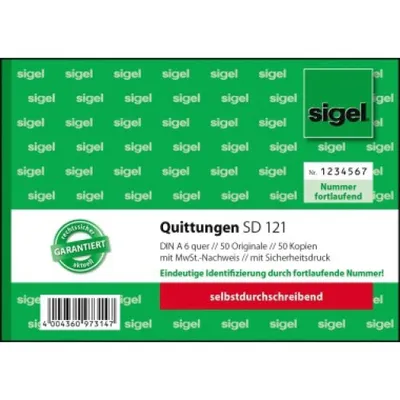 Produktbild von SIGEL SD121 Quittungen, mit fortlfd. Nummerierung, 1. u. 2. Blatt bedruckt, mit Sicherheitsdruck, A6 q, selbstdurchschreibend, 2 x 50 Blatt