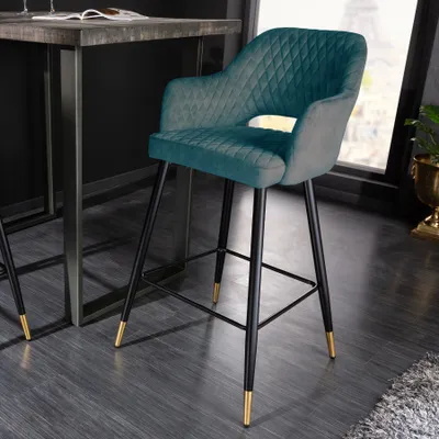 Produktbild von Eleganter Barhocker PARIS petrol Samt Ziersteppung Fußkappen gold Retro-Design mit Armlehnen