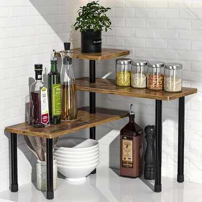 Image de Étagère d'angle pour cuisine, organisateur à 3 niveaux, réglable, en bois