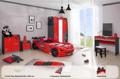 Produktbild von Kinderzimmer komplett Set Autobett Rio 5 teilig Rot , Sportsitze:inkl. Sportsitze, Matratze:Creativ Fresh Plus H2, Bettwäsche:mit Bettwäsche, Wandregal:ohne Wandregal