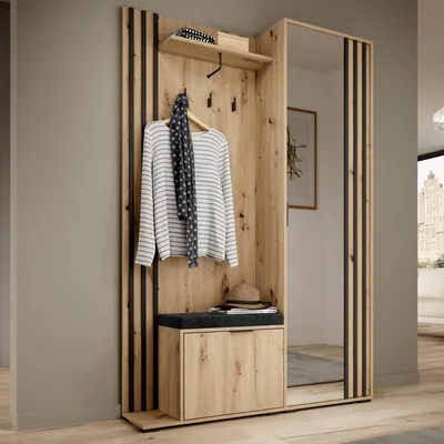 Produktbild von Garderobe STILO 131 cm Flur Set Spiegel Sitzkissen Artisan Eiche Schwarze Lamellen